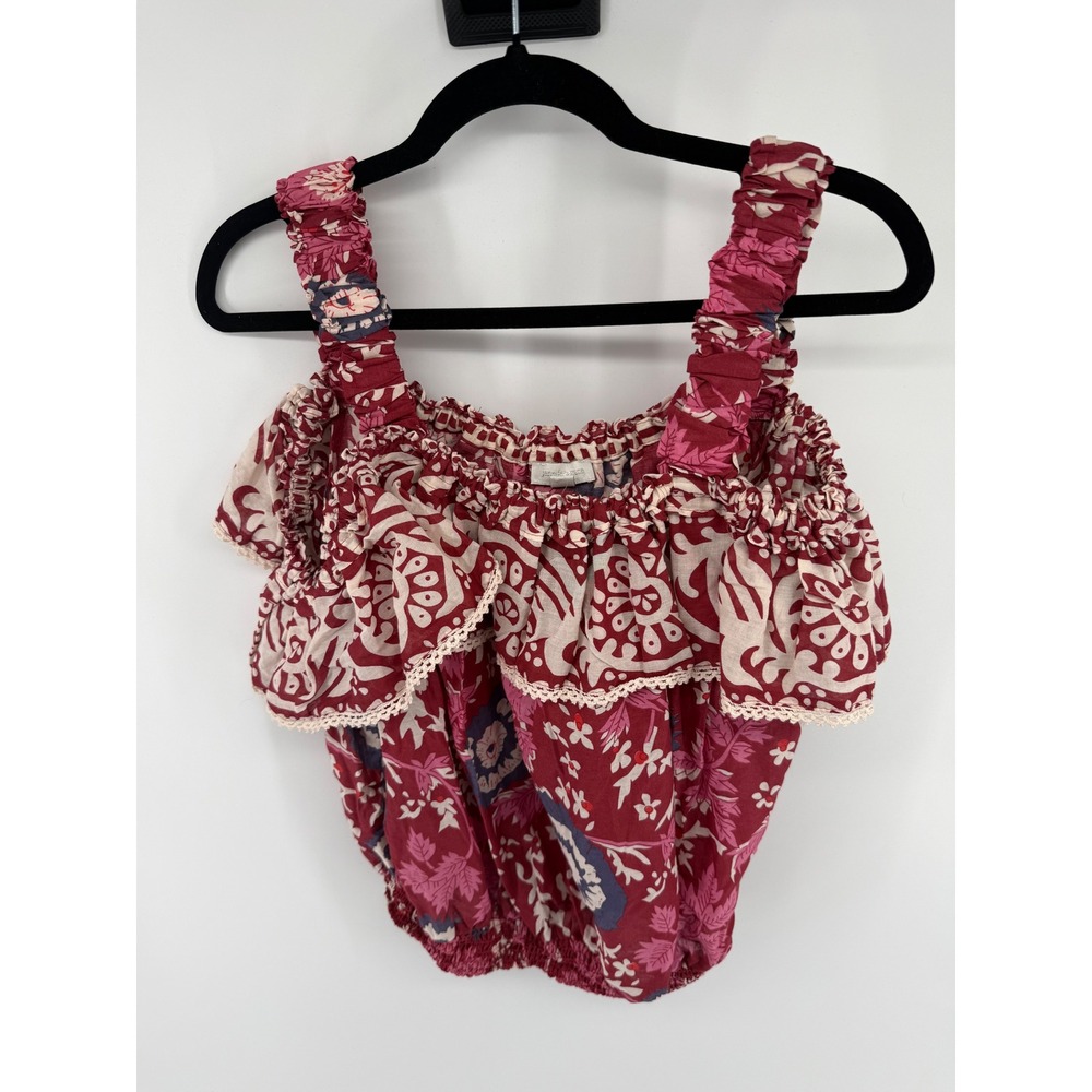 Jennifer Grace Red Floral Block Print Off Shoulder Ruffle Crop Top XL Cotton